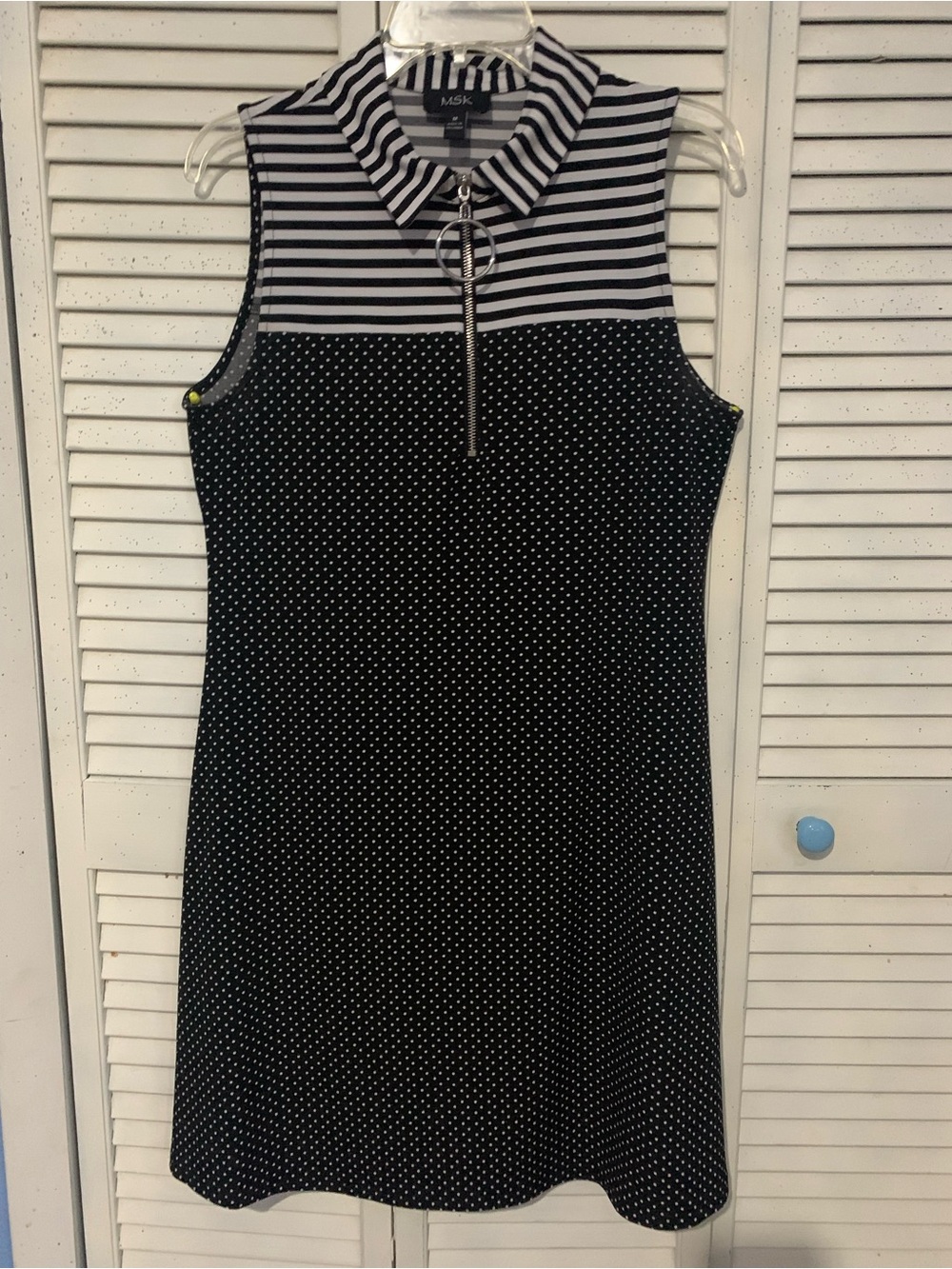 MSK Black and White Polka Dot Sleeveless Midi Dress with Striped Collar
